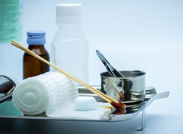 Cleaning Validation services. Alcohol swab, povidone-iodine cotton swab, forceps, and shaped bandages.