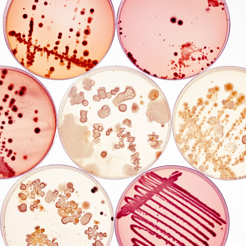 Close picture of several petri plaques in a pink background. Pet testing principles Preservative efficacy testing principles. Package integrity testing principles. Package integrity principles. Differences between preservative efficacy testing and package integrity testing. What is preservative challenge testing. How is package integrity related to preservative efficacy testing